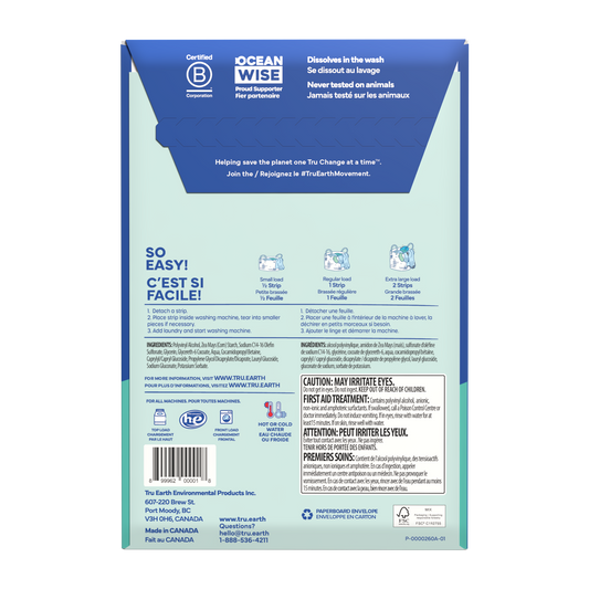 TruEarth Laundry Detergent Fragrance-Free Back of Package || 32 Strips