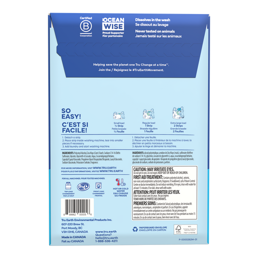 TruEarth Laundry Detergent Fresh-Linen Back of Package || 64 Strips