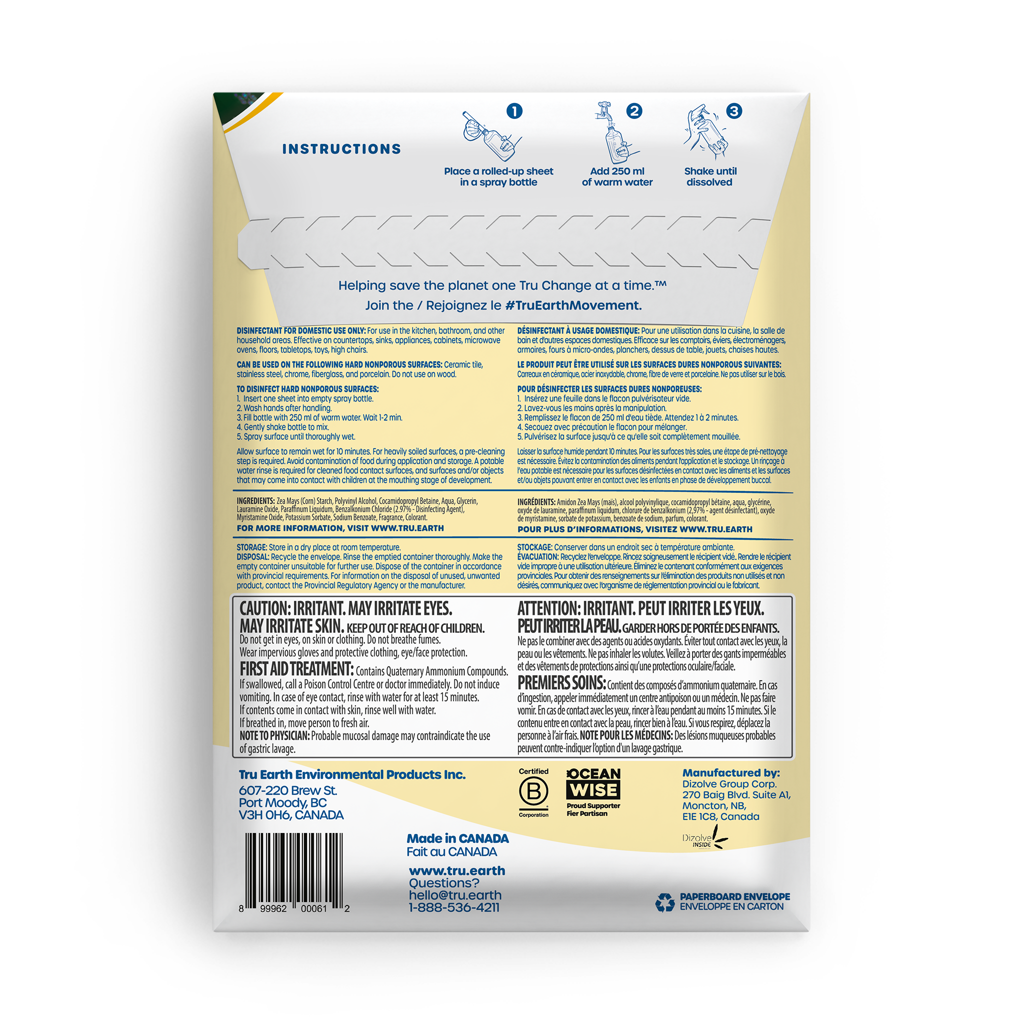 TruEarth Multi-Surface Cleaner Disinfectant Back of Package || 16 Sheets