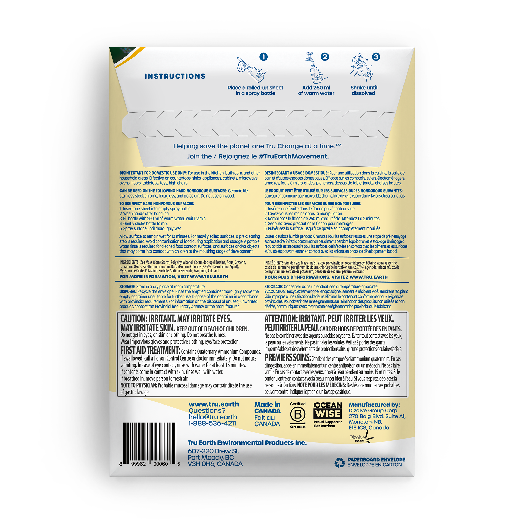 TruEarth Multi-Surface Cleaner Disinfectant Back of Package || 8 Sheets