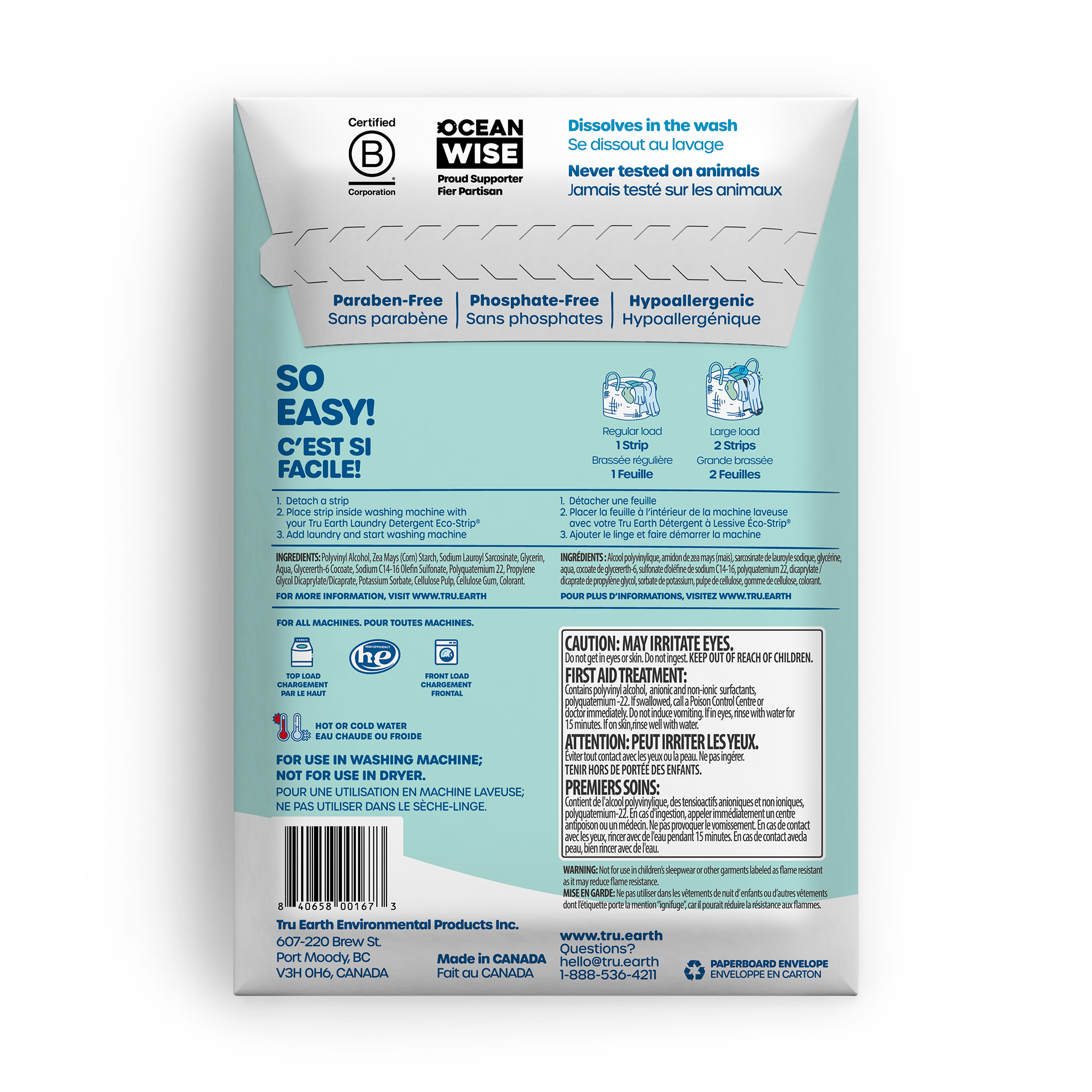 TruEarth Fabric Softener Fragrance-Free Back of Package || 32 Strips