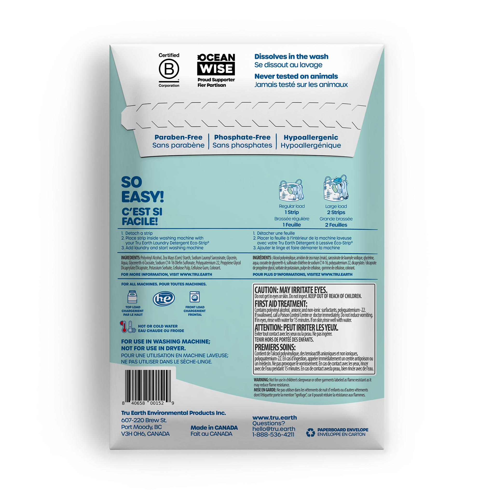 TruEarth Fabric Softener Fragrance-Free Back of Package || 64 Strips
