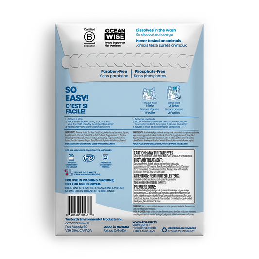 TruEarth Fabric Softener Fresh Linen Back of Package || 32 Strips