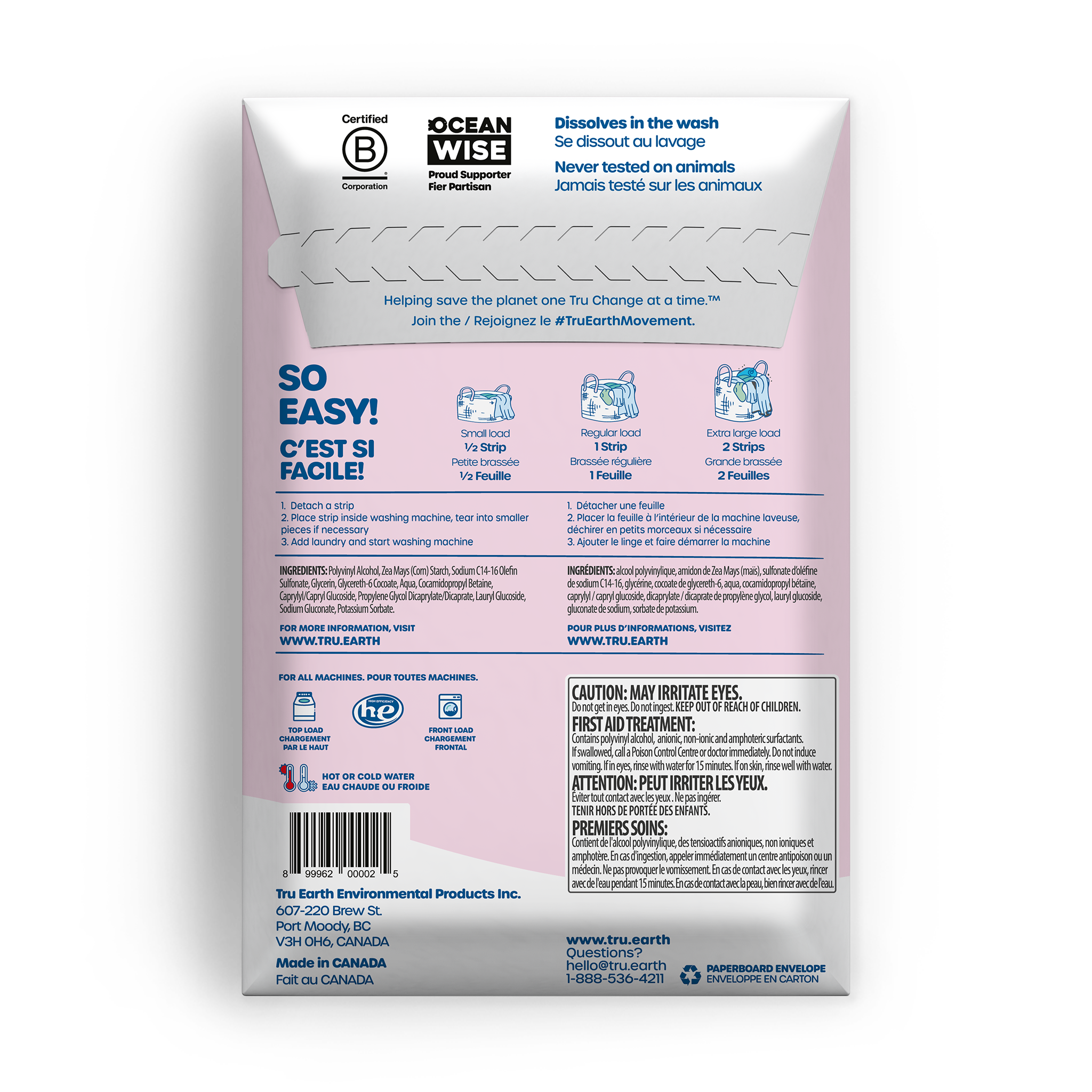 TruEarth Laundry Detergent Baby Fragrance-Free Back of Package || 32 Strips