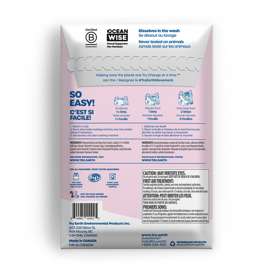 TruEarth Laundry Detergent Baby Fragrance-Free Back of Package || 32 Strips