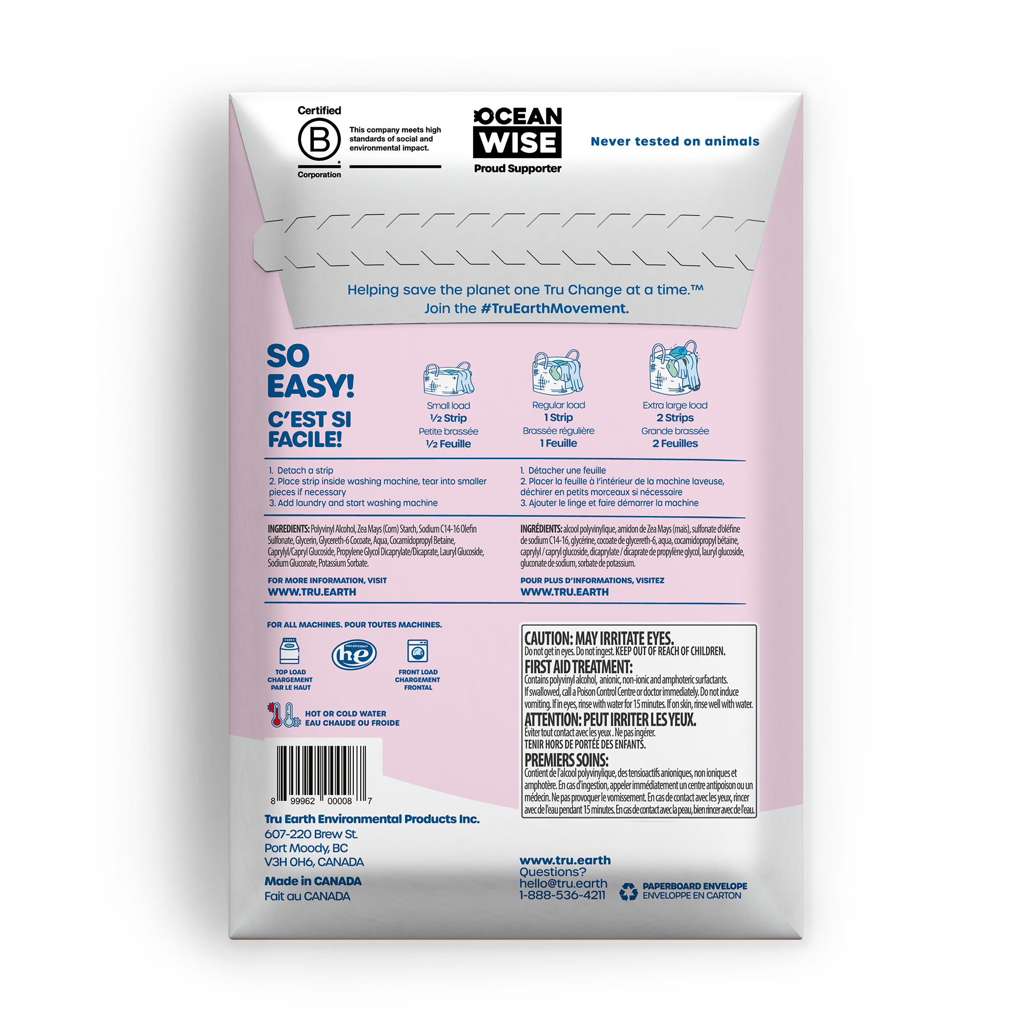 TruEarth Laundry Detergent Baby Fragrance-Free Back of Package || 64 Strips