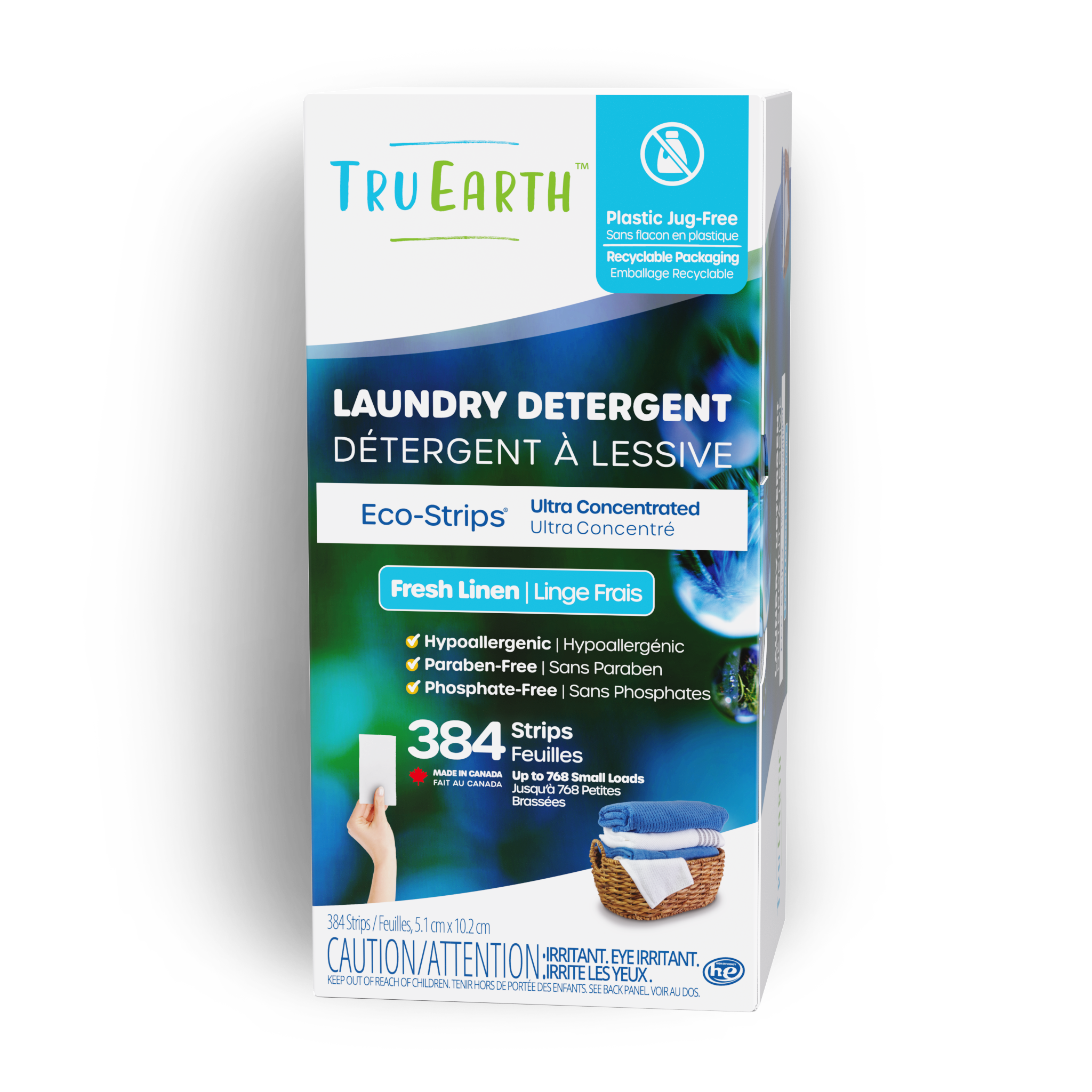 TruEarth Laundry Detergent Fresh Linen Front of Package || 384 Strips