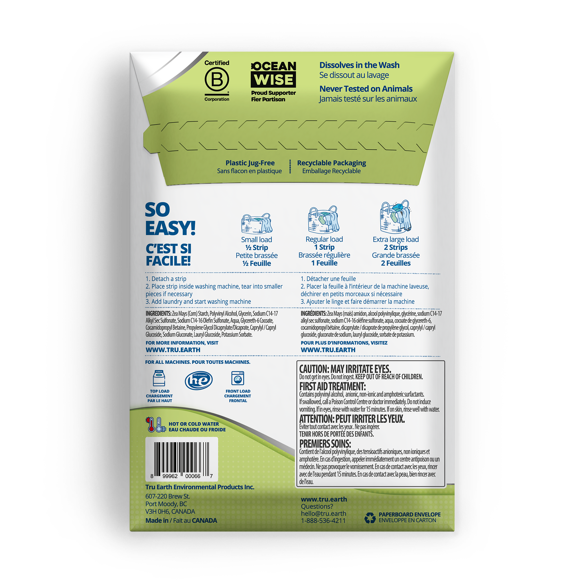 TruEarth Platinum Laundry Detergent Fragrance-Free Back of Package || 64 Strips