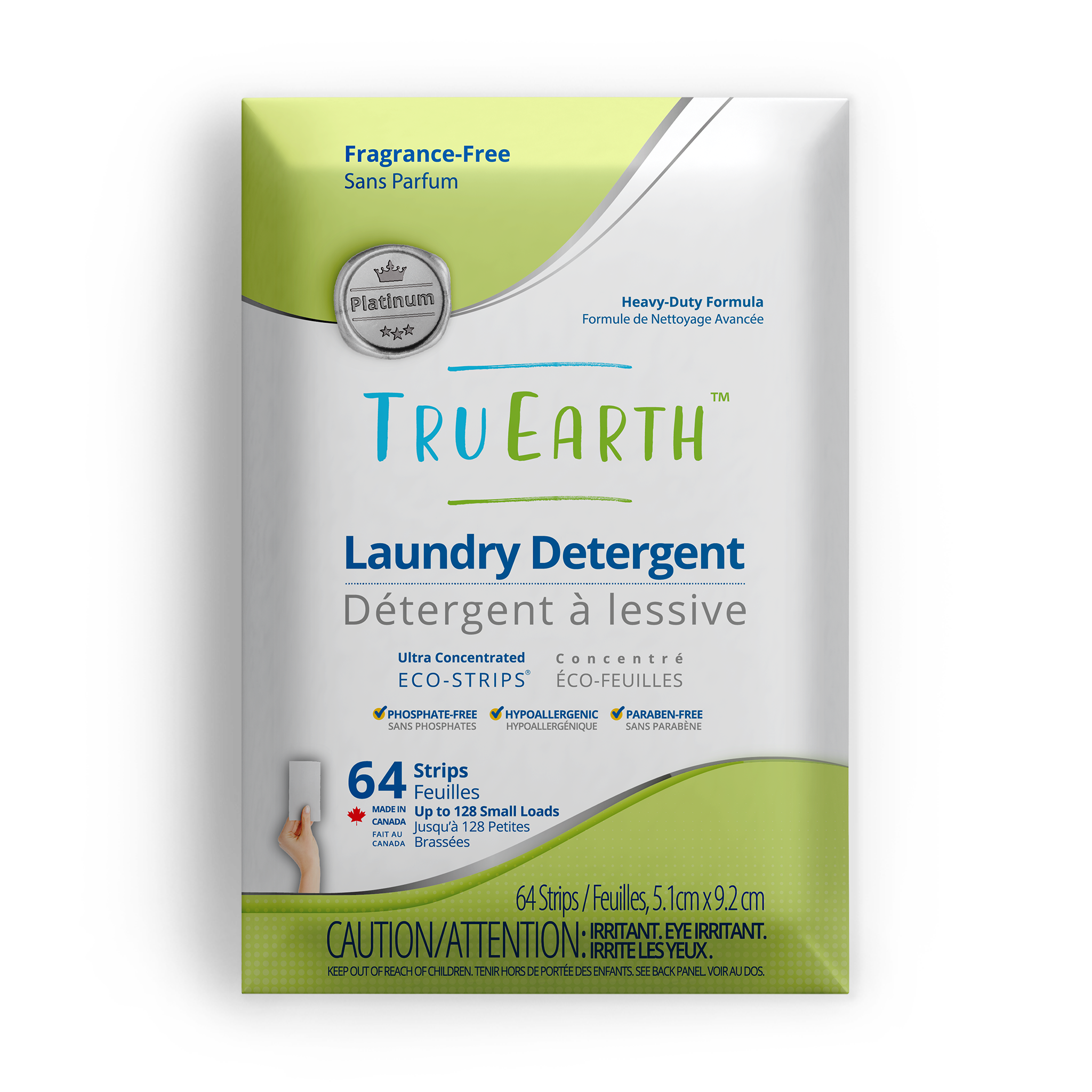 TruEarth Platinum Laundry Detergent Fragrance-Free Front of Package || 64 Strips