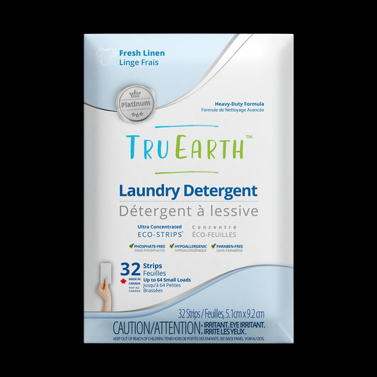 TruEarth Platinum Laundry Detergent Fresh Linen Front of Package || 32 Strips