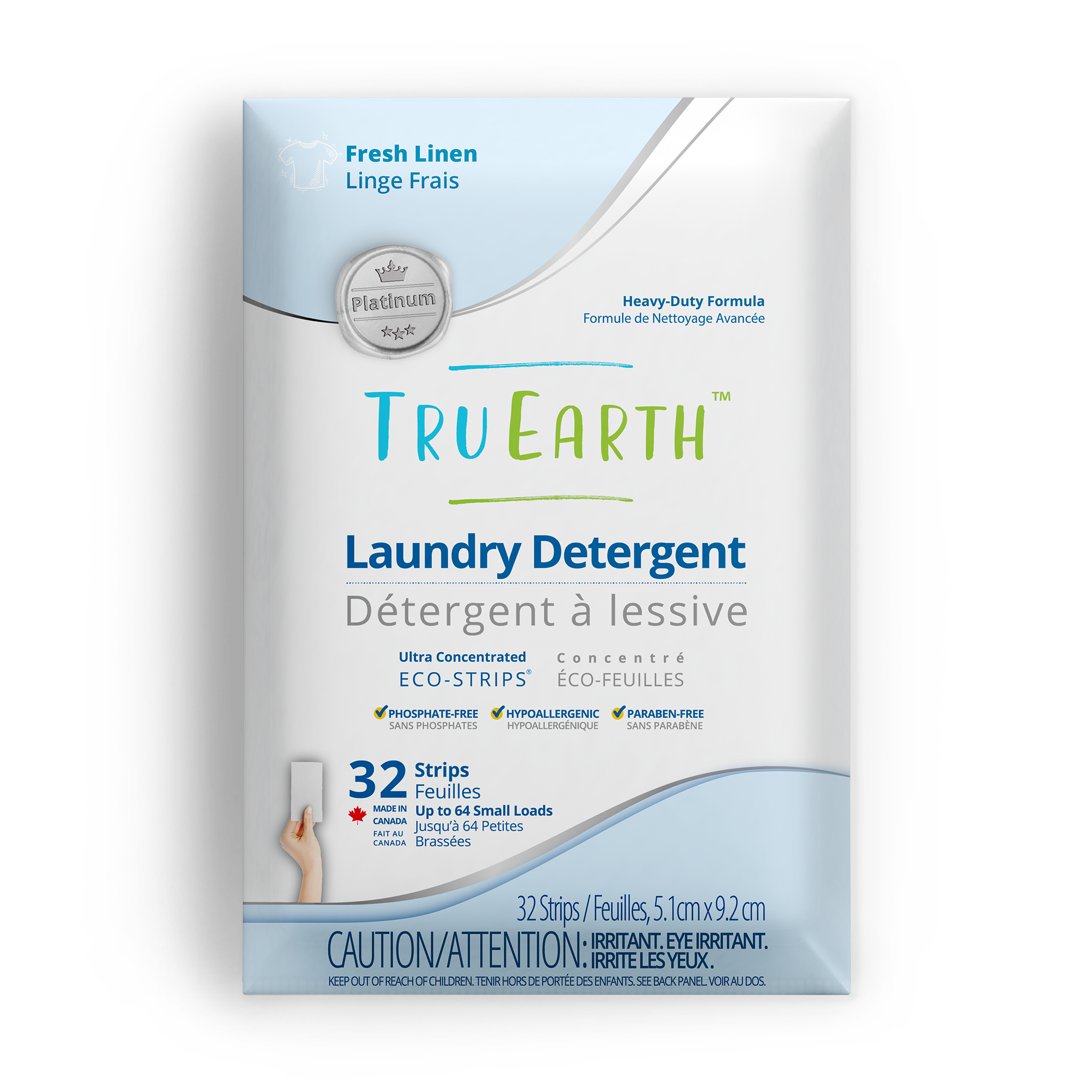 TruEarth Platinum Laundry Detergent Fresh Linen Front of Package || 32 Strips
