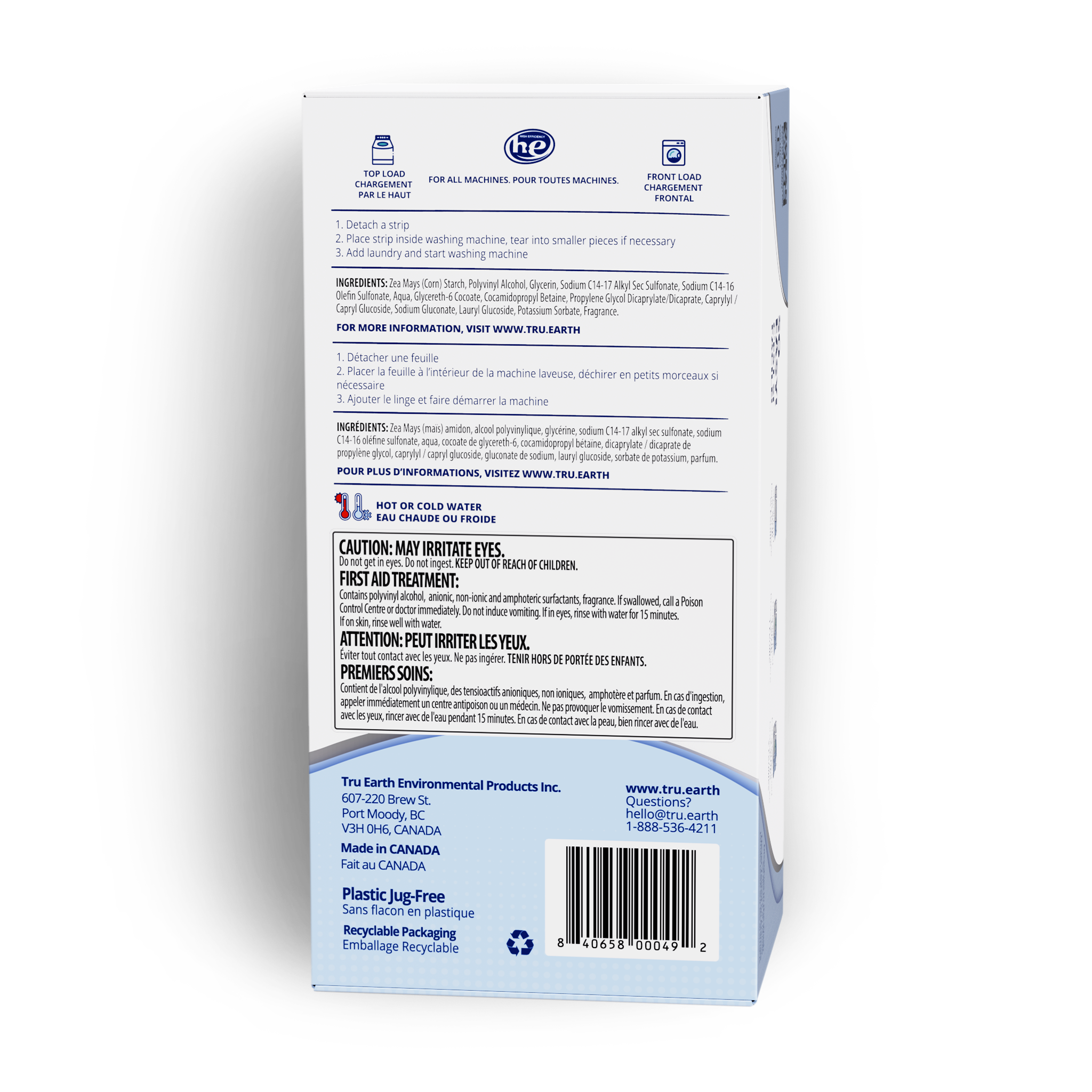 TruEarth Platinum Laundry Detergent Fresh Linen Back of Package || 384 Strips