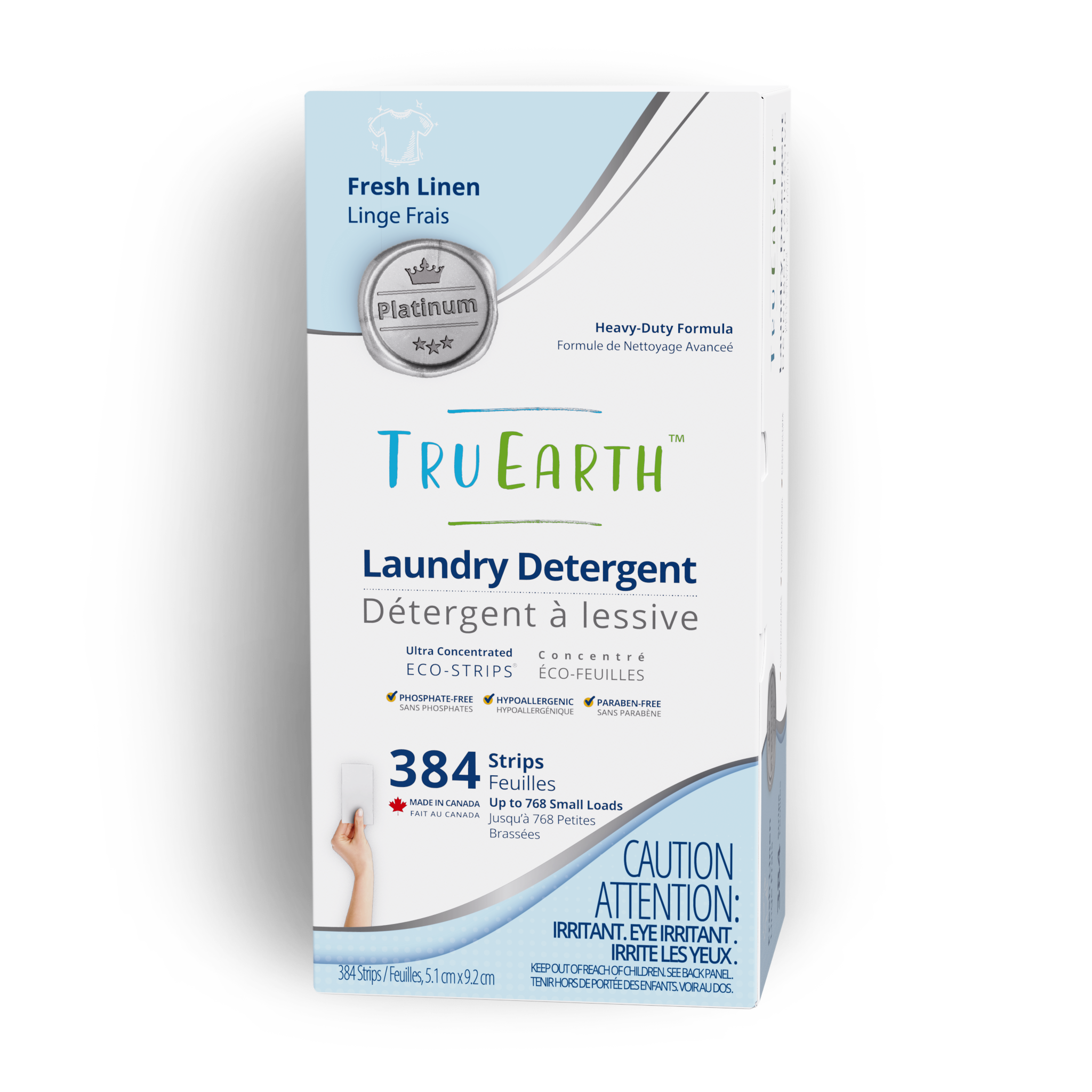 TruEarth Platinum Laundry Detergent Fresh Linen Front of Package || 384 Strips