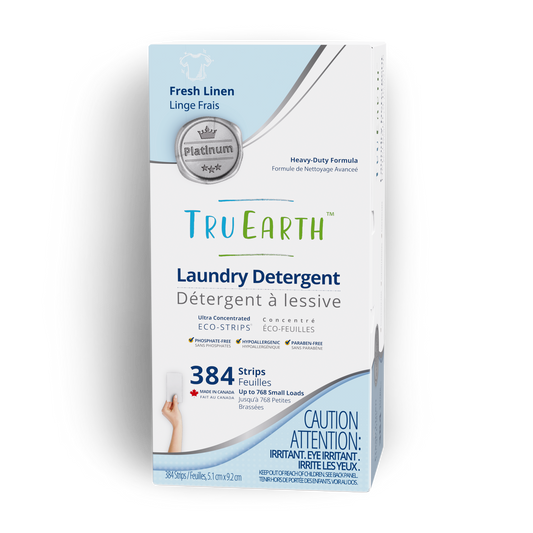 TruEarth Platinum Laundry Detergent Fresh Linen Front of Package || 384 Strips