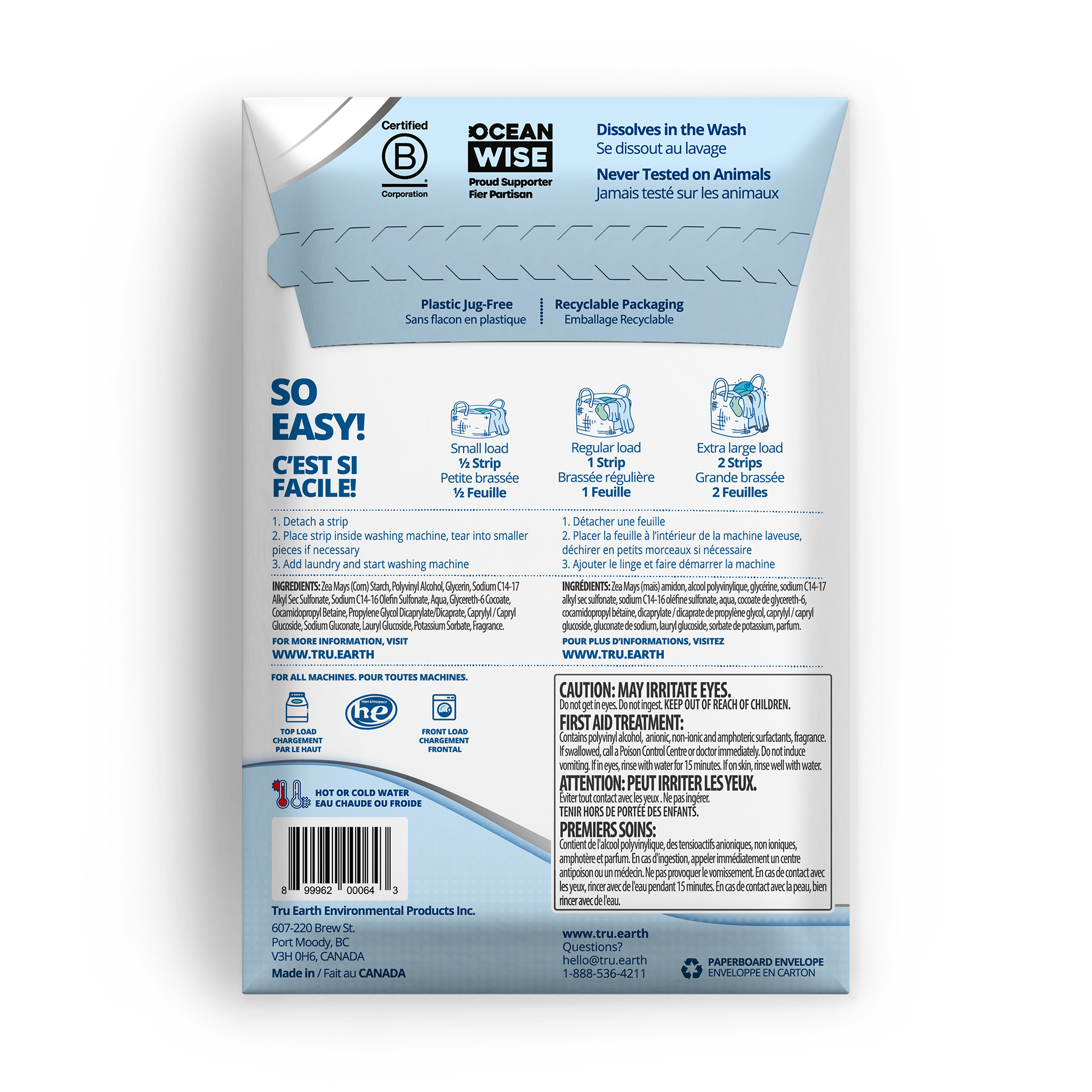 TruEarth Platinum Laundry Detergent Fresh Linen Back of Package || 64 Strips