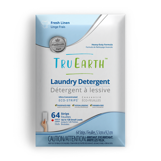 TruEarth Platinum Laundry Detergent Fresh Linen Front of Package || 64 Strips