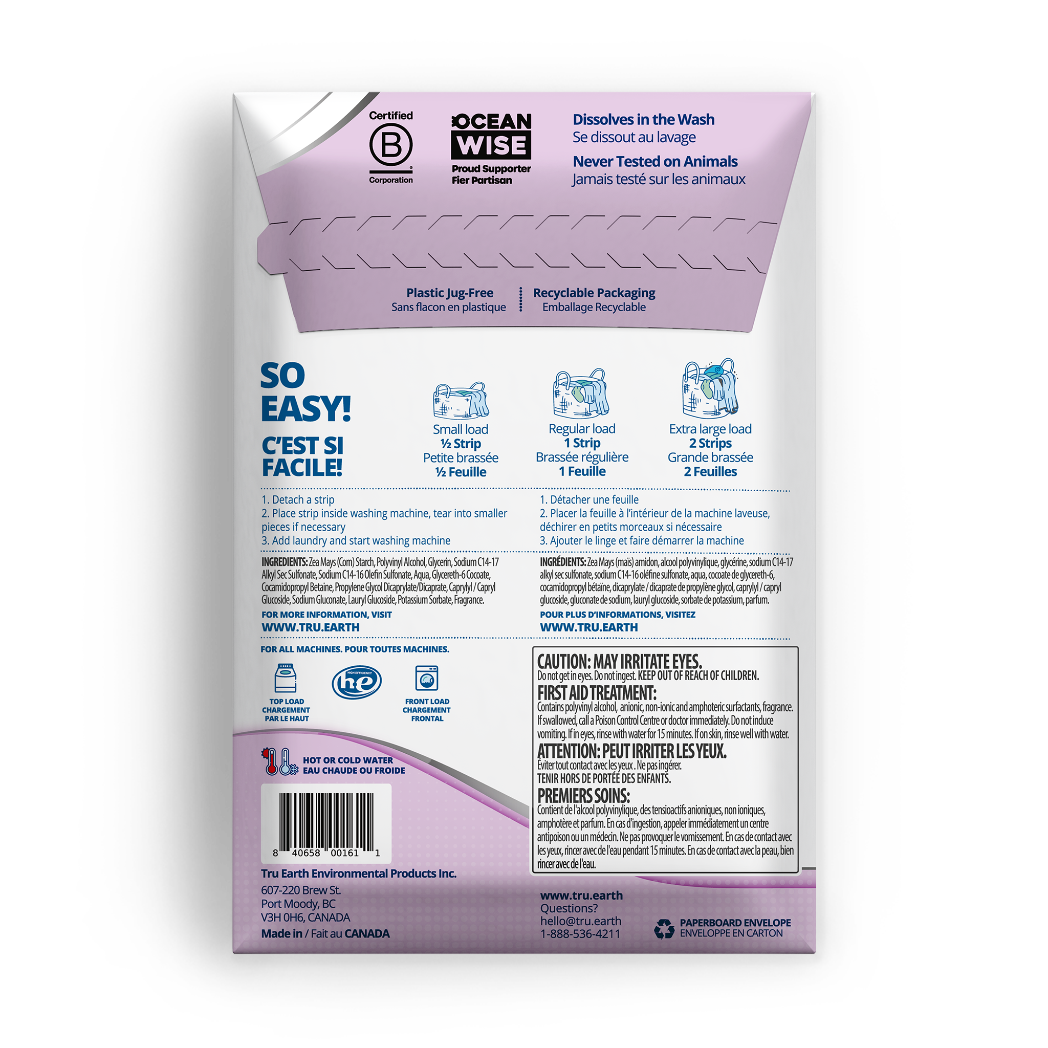 TruEarth Platinum Laundry Detergent Lilac Breeze Back of Package || 32 Strips