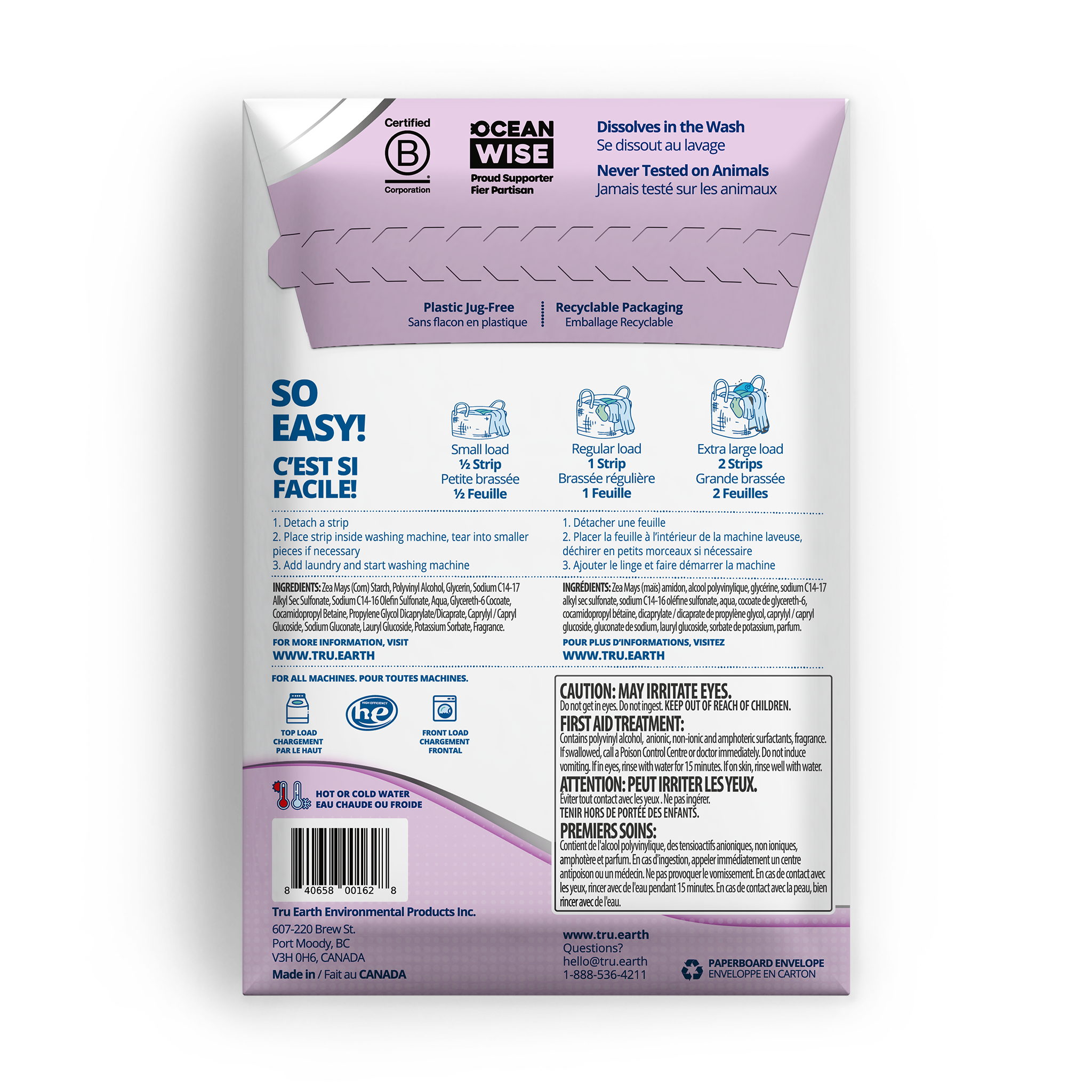 TruEarth Platinum Laundry Detergent Lilac Breeze Back of Package || 64 Strips
