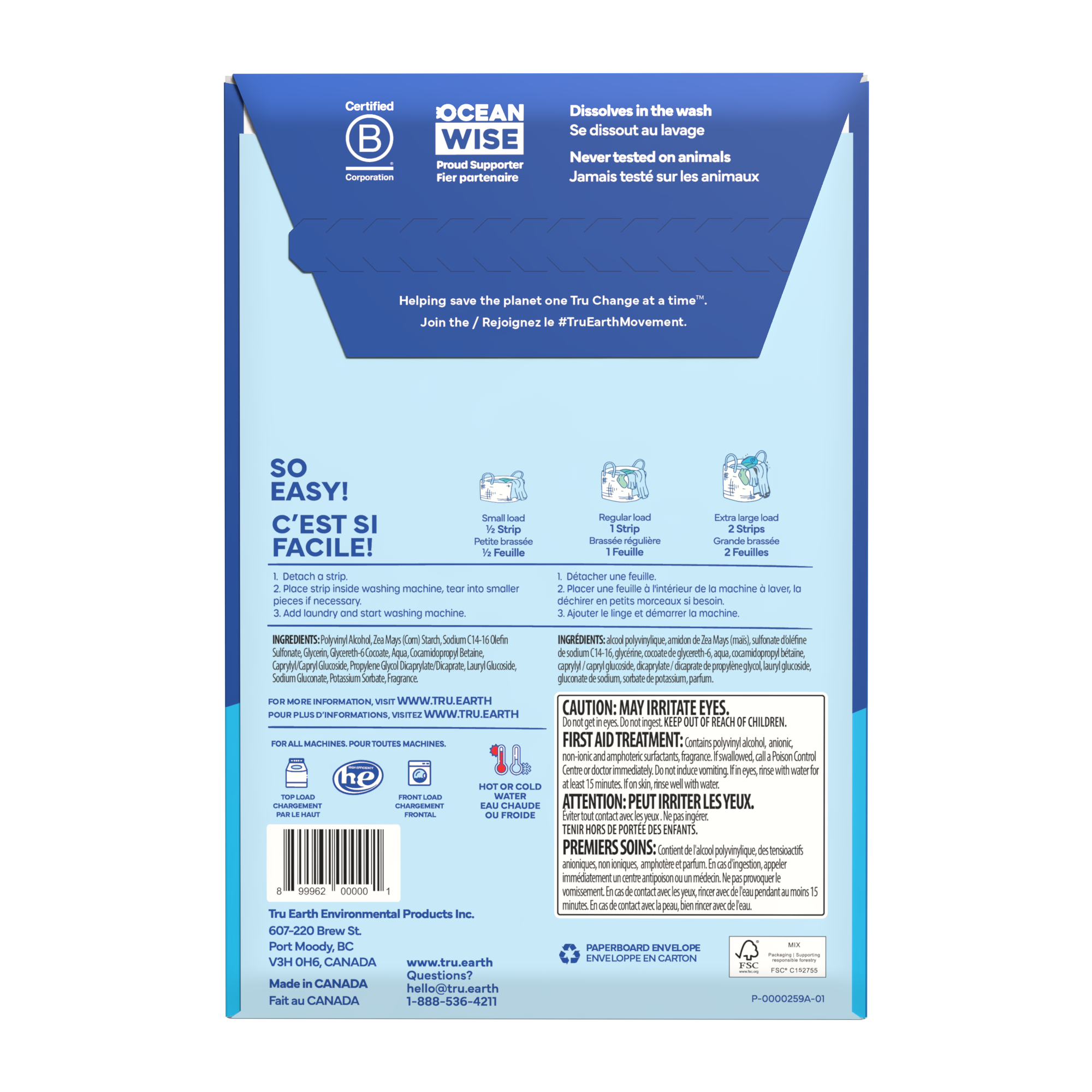TruEarth Laundry Detergent Fresh-Linen Back of Package || 32 Strips