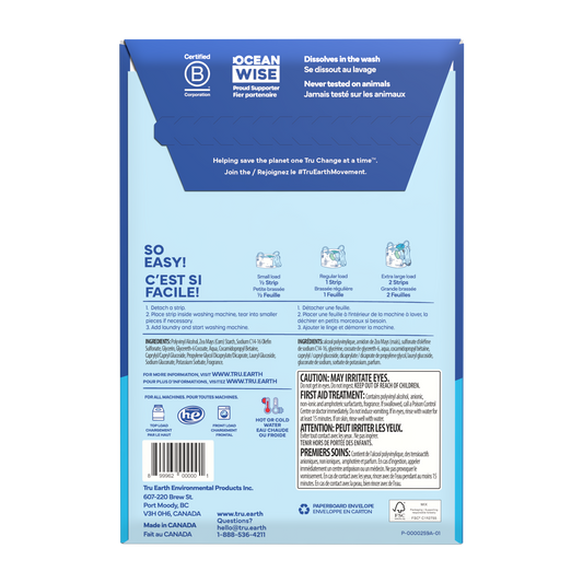 TruEarth Laundry Detergent Fresh-Linen Back of Package || 32 Strips