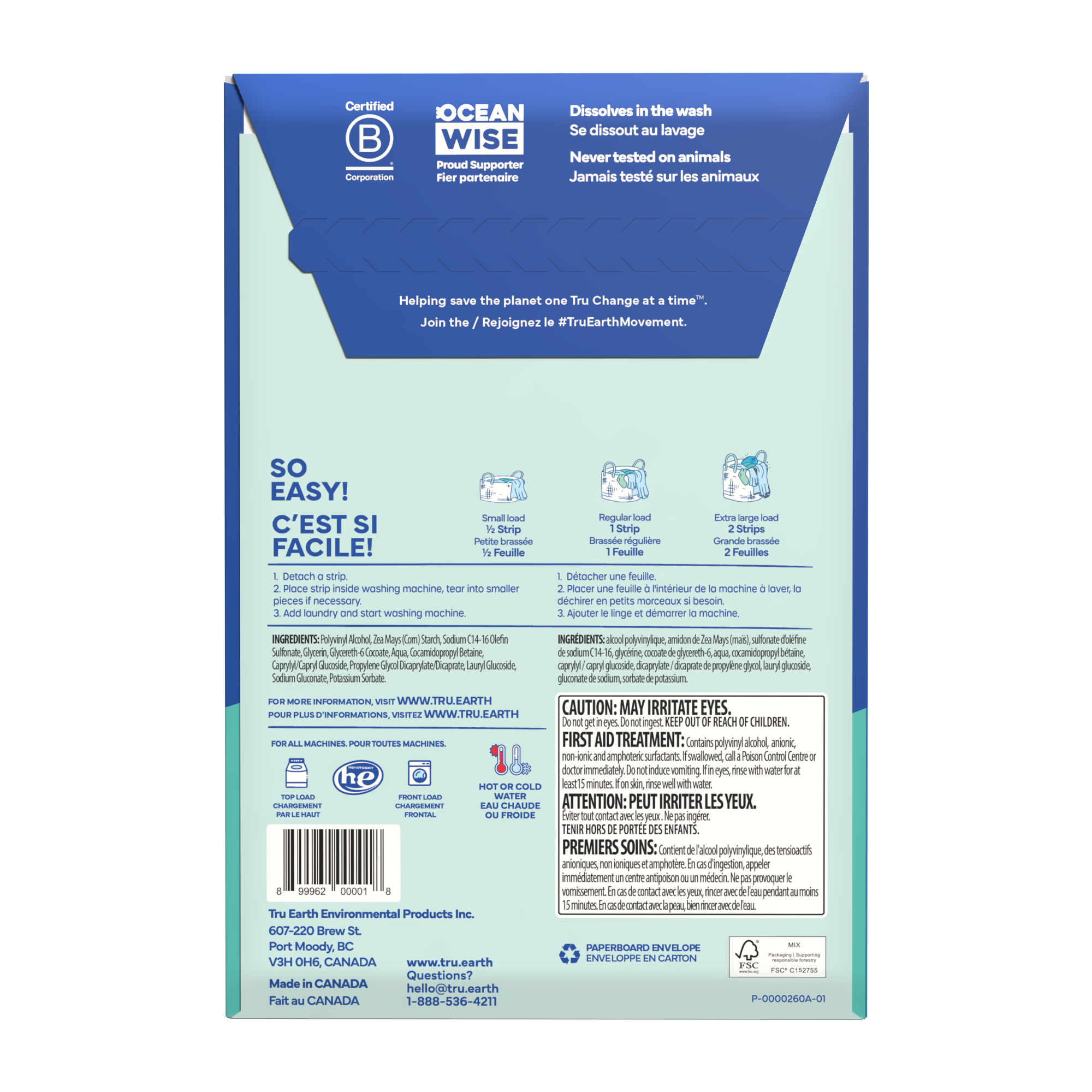 TruEarth Laundry Detergent Fragrance-Free Back of Package || 32 Strips