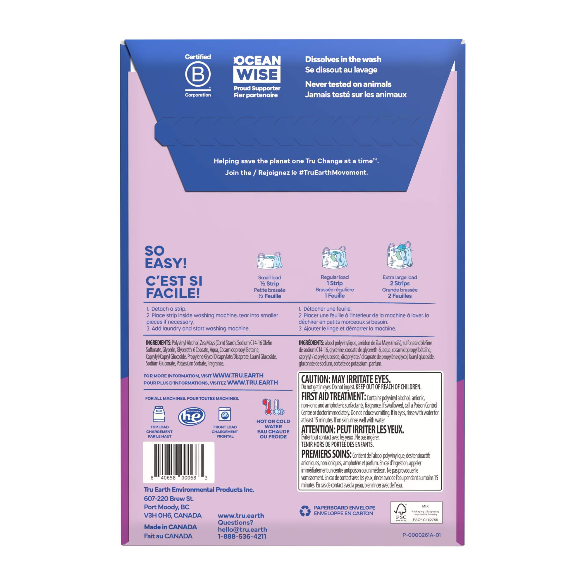 TruEarth Laundry Detergent Lilac Breeze Back of Package || 32 Strips