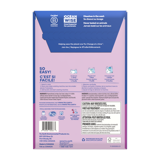 TruEarth Laundry Detergent Lilac Breeze Back of Package || 32 Strips