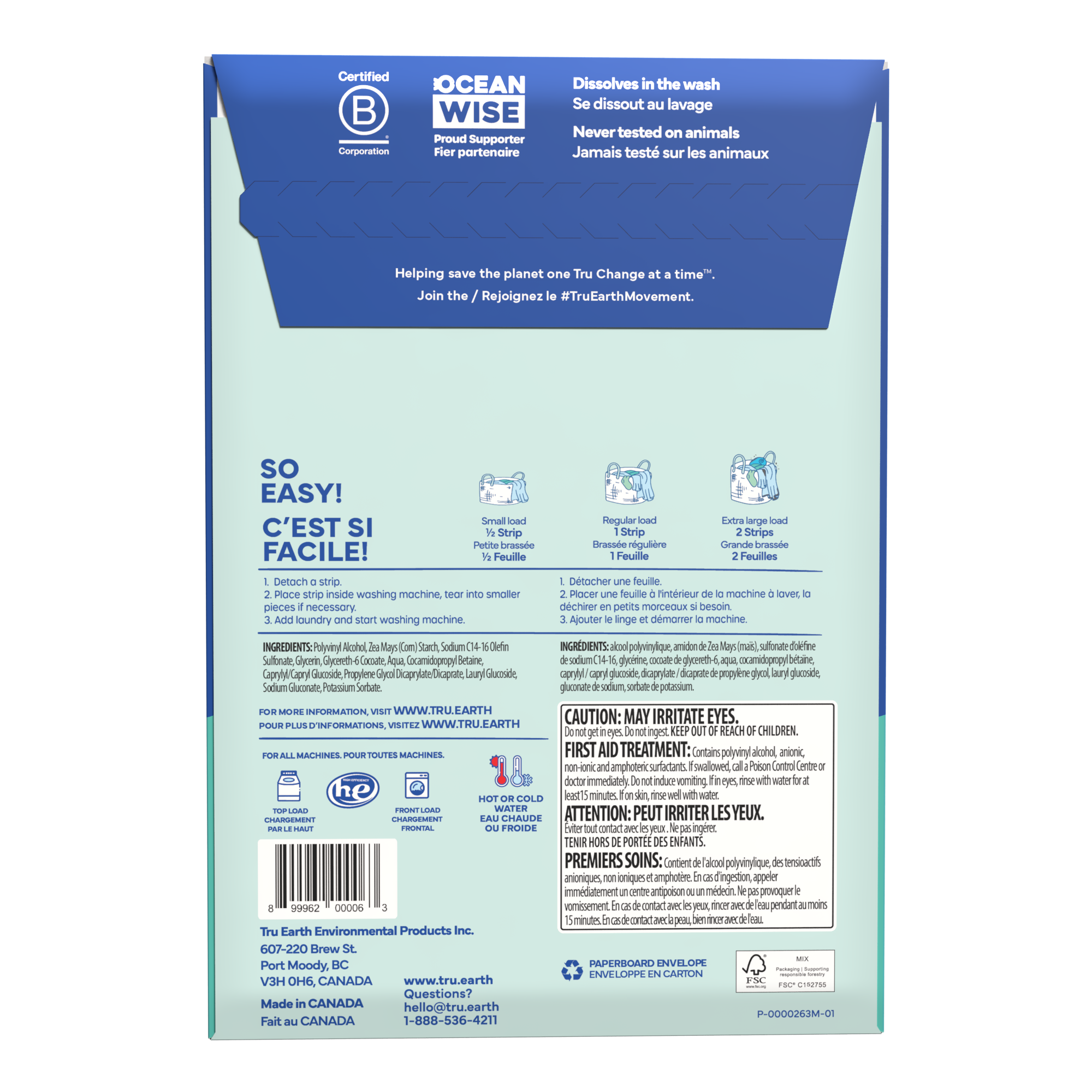 TruEarth Laundry Detergent Fragrance-Free Back of Package || 64 Strips