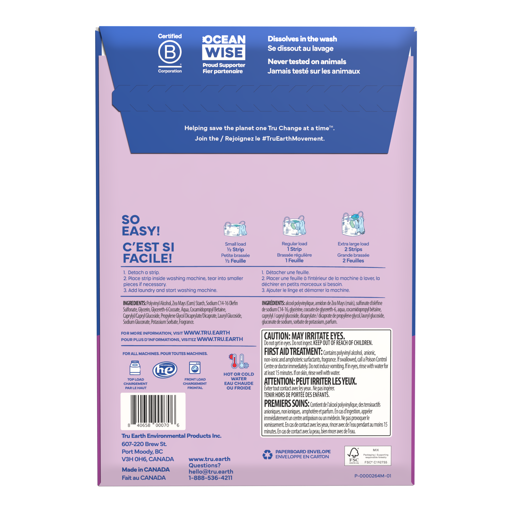 TruEarth Laundry Detergent Lilac Breeze Back of Package || 64 Strips