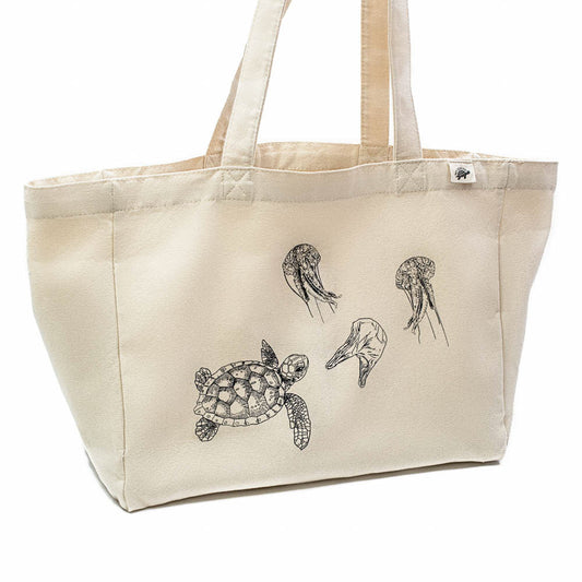 Large Canvas Tote Bag With Pockets With Turtle And Jellyfish Plastic Bag Design